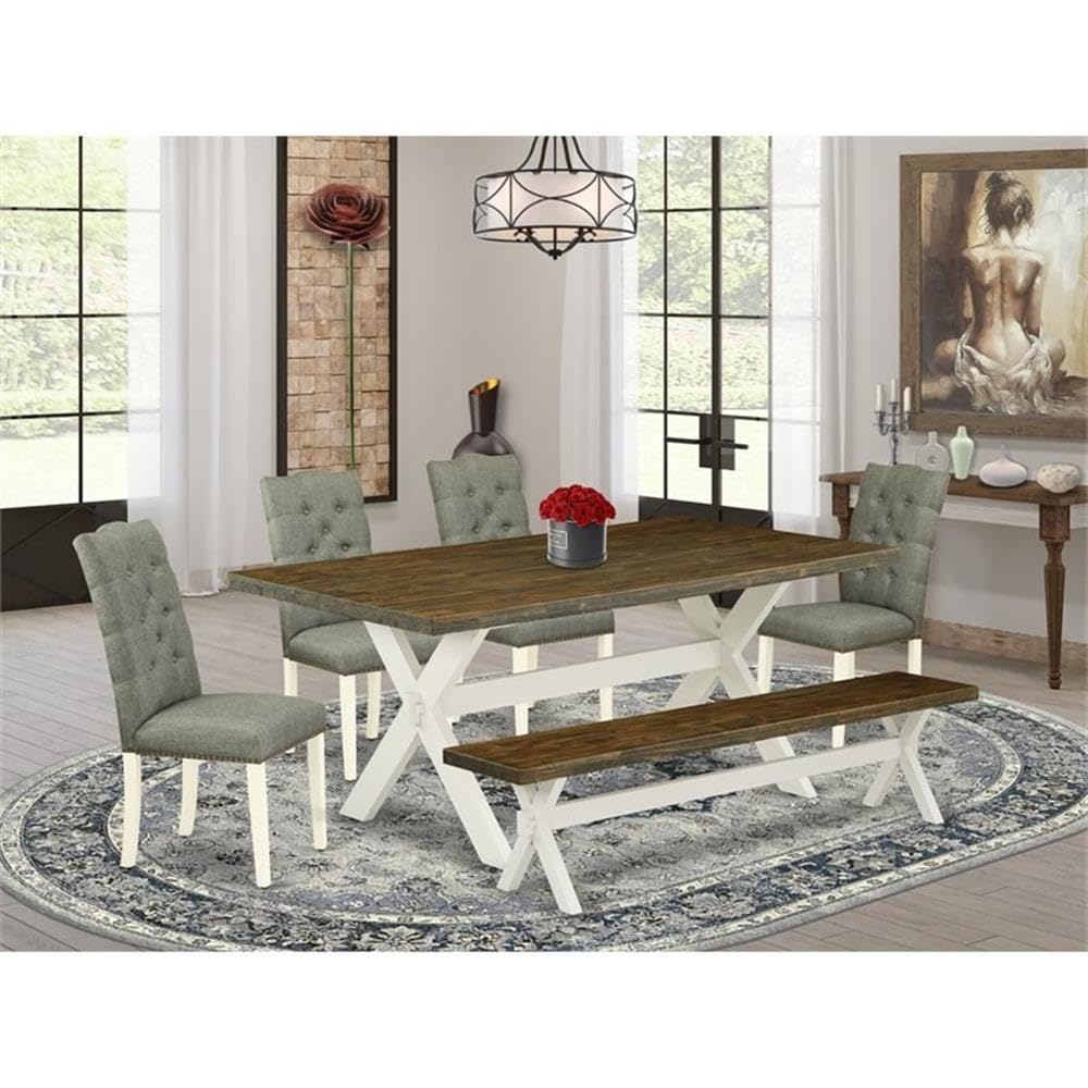East West Furniture X077El207-6 6 Piece Kitchen Table & Chairs Set Contains A Rectangle Wooden Table And 4 Gray Linen Fabric Parson Chairs With A Bench, 40X72 Inch, Multi-Color